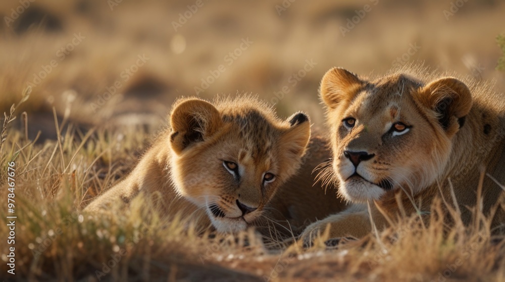 Two little cub lions lying on the ground in the savannah Two little cub lions lying on the ground in the savannah