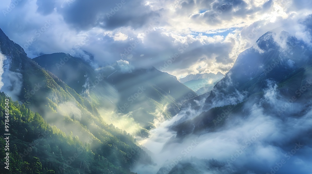 A serene mountain valley blanketed in heavy mist, with clouds hovering above, diffusing the sunlight and casting a soft, ethereal glow over the scene. A serene mountain valley blanketed in heavy mist, with clouds hovering above, diffusing the sunlight and casting a soft, ethereal glow over the scene.