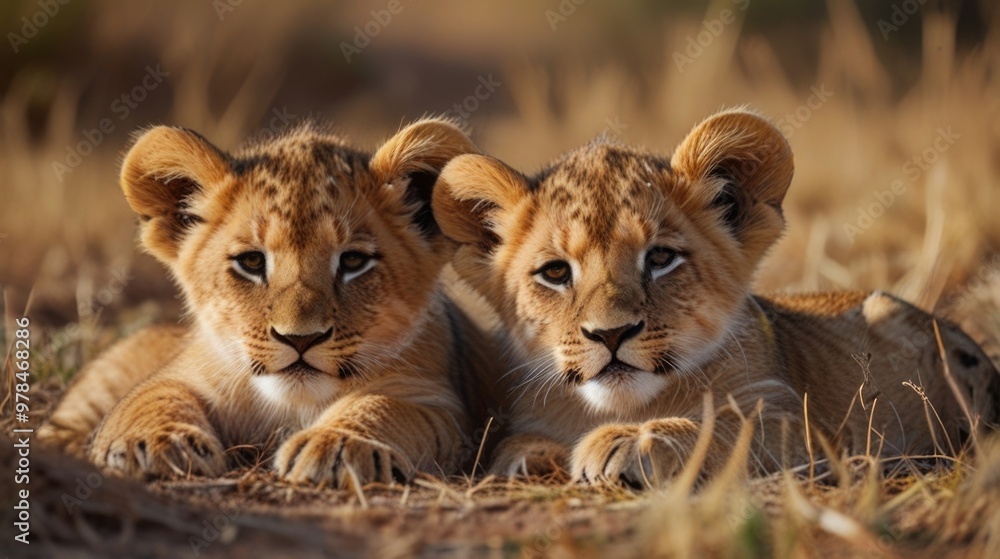 Two little cub lions lying on the ground in the savannah Two little cub lions lying on the ground in the savannah
