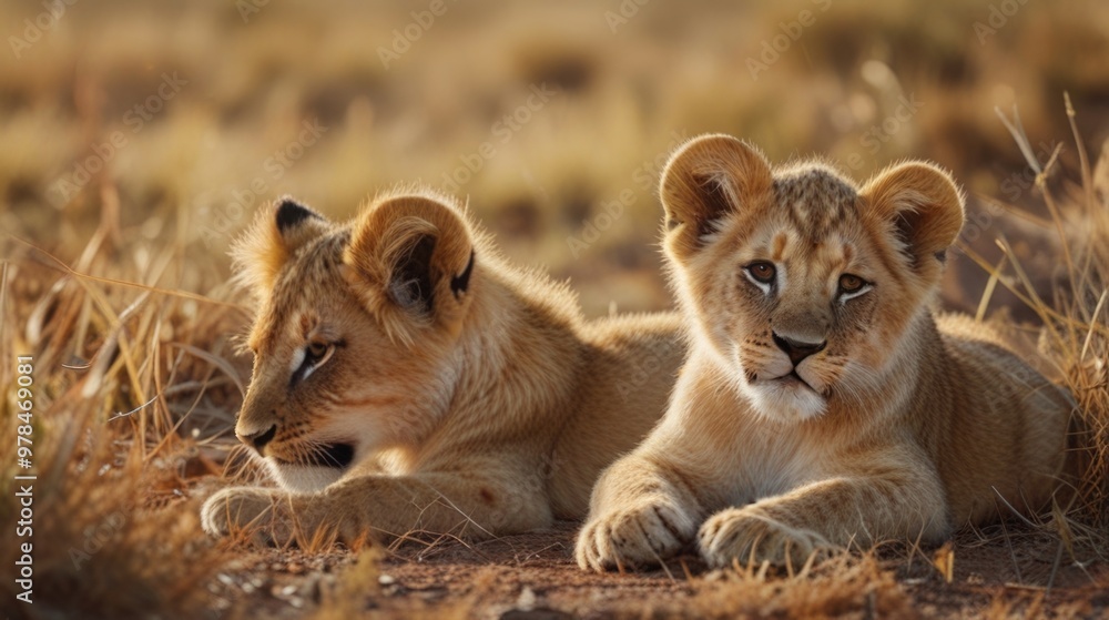 Two little cub lions lying on the ground in the savannah Two little cub lions lying on the ground in the savannah