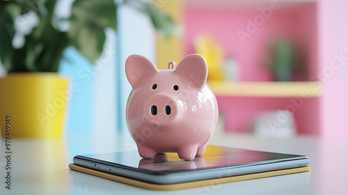 Wallpaper Mural A pink piggy bank sits on top of a tablet on a white table. Torontodigital.ca