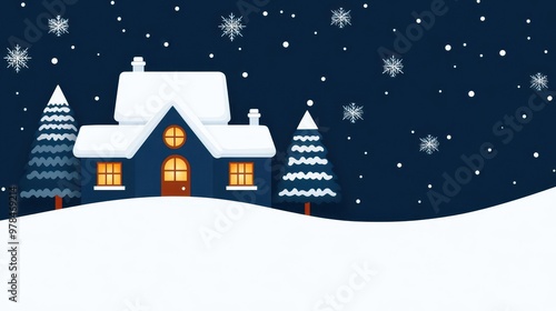 Christmas Eve snow-covered town, glowing windows and trees, flat design illustration