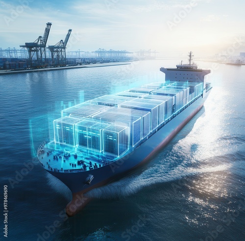 Futuristic cargo ship with digital containers navigating a busy harbor, representing advanced logistics and transportation technology.