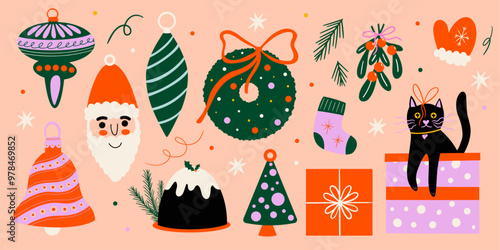 Christmas vector flat cartoon illustration set, winter holiday decorations design elements, festive ornament, xmas bauble, mistletoe, Santa Claus, wreath, gift, toys, retro groovy sticker collection