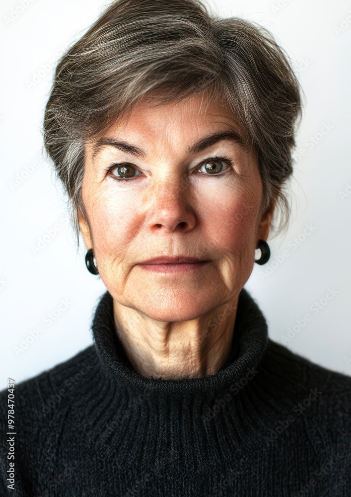 Portrait of a mature woman with short gray hair, wearing a black turtleneck, exuding confidence and wisdom against a neutral background. Portrait of a mature woman with short gray hair, wearing a black turtleneck, exuding confidence and wisdom against a neutral background.