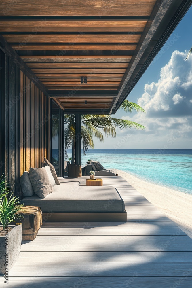 Fototapeta premium Relaxing beachside view featuring a modern lounge, clear blue water, and tropical palms under a picturesque sky.