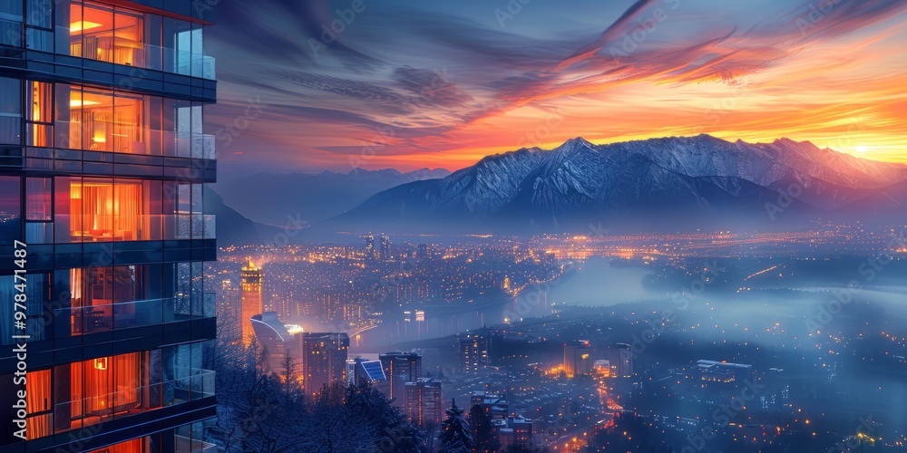 Fototapeta premium Cityscape with Mountain View at Sunset
