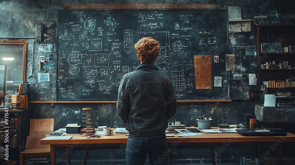 A man in a leather jacket stands in front of a large chalkboard covered in equations and diagrams, looking at the complex formulas. A man in a leather jacket stands in front of a large chalkboard covered in equations and diagrams, looking at the complex formulas.