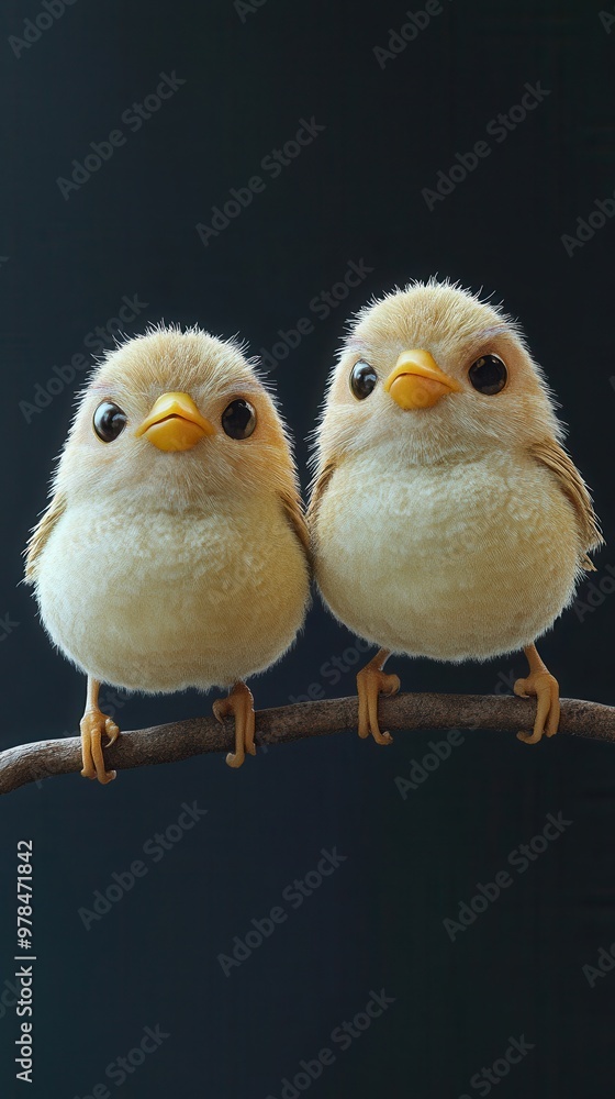 Naklejka premium Two adorable baby birds perched closely on a branch, showcasing their fluffy feathers and bright eyes in a charming setting.