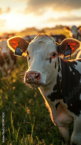 A close-up of a dairy cow with ear tags standing in a sunny pasture during sunset.