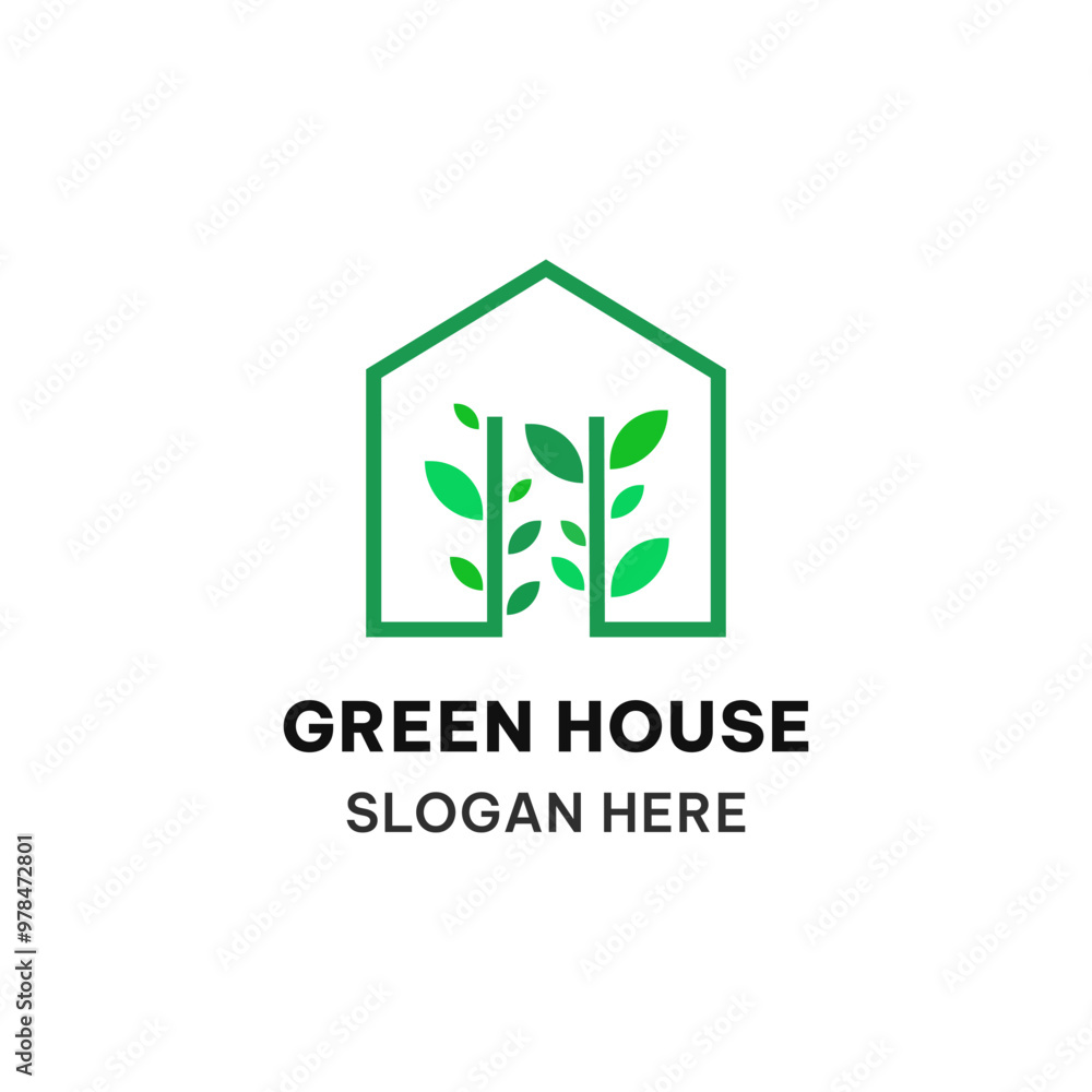 Green house logo template in simple style. House and leaves vector illustration Green house logo template in simple style. House and leaves vector illustration