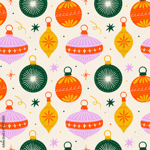 Seamless vector pattern with beautiful ornament winter holiday decorations, Christmas tree, retro, vintage Xmas baubles cartoon groovy, funky illustration, cute hanging toys design for wrapping paper