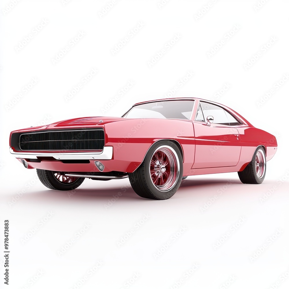 Obraz premium A red classic car is parked on a white background