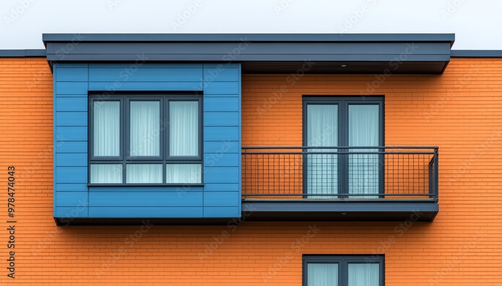 Modern Apartment Building Facade with Blue and Orange Color Scheme Modern Apartment Building Facade with Blue and Orange Color Scheme