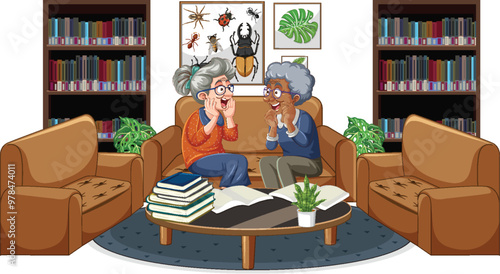 Elderly Friends Enjoying a Library Chat
