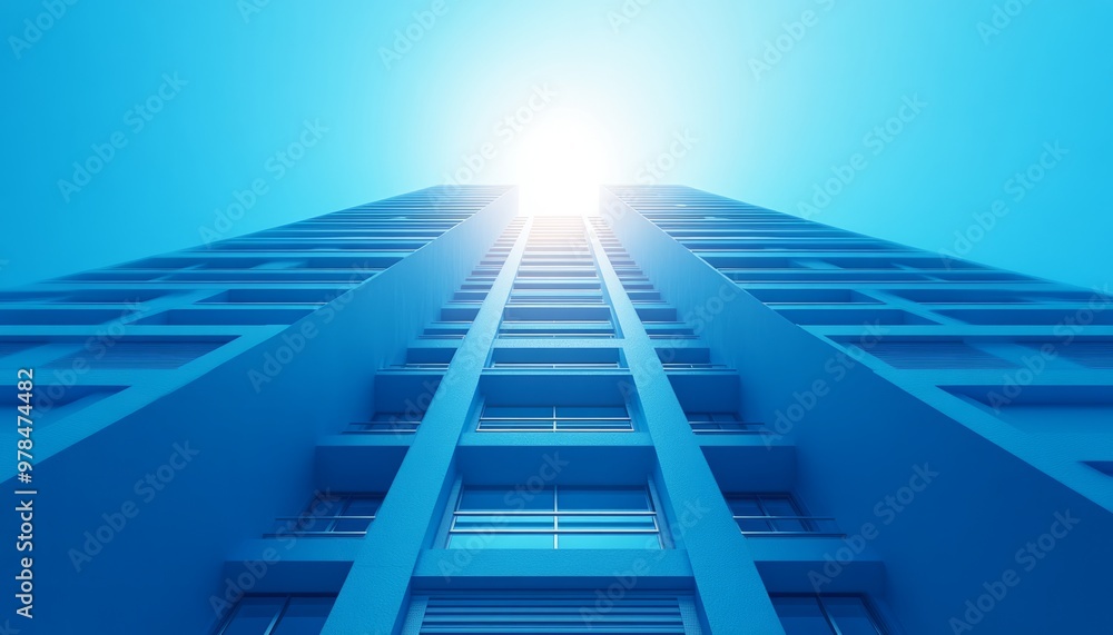 A Low-Angle View of a Tall Blue Building with Windows A Low-Angle View of a Tall Blue Building with Windows
