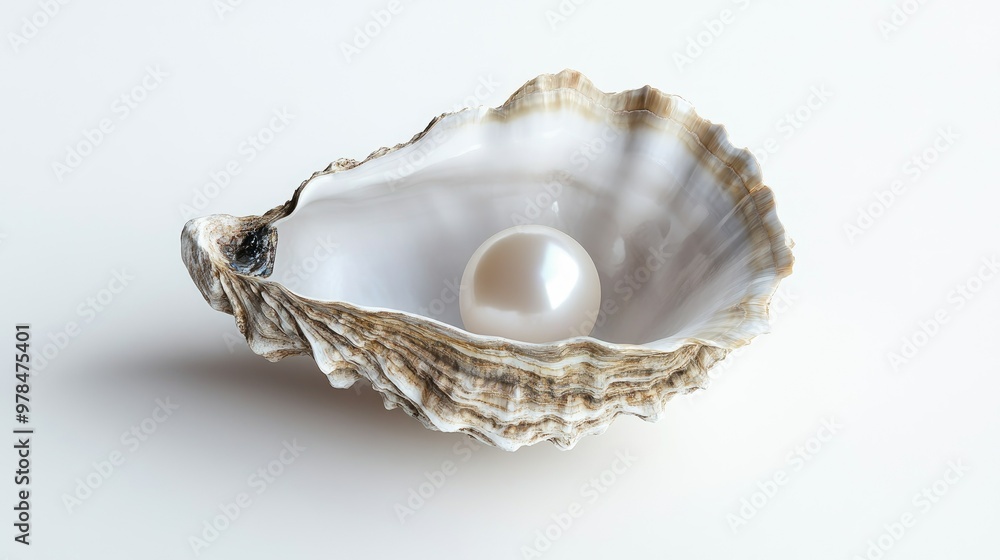 Close-up of an oyster shell revealing a single natural pearl inside, its smooth surface glowing against a simple white background. Close-up of an oyster shell revealing a single natural pearl inside, its smooth surface glowing against a simple white background.