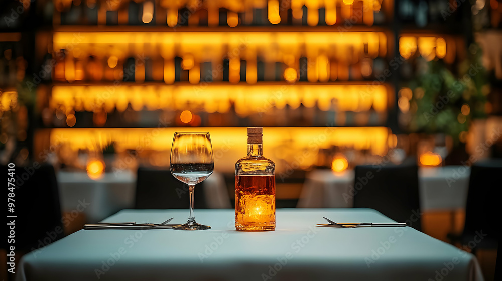 Table Setting with Wine Glass and Bottle on a White Tablecloth Table Setting with Wine Glass and Bottle on a White Tablecloth