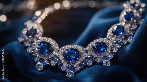 Close-up of an elegant diamond necklace with blue gems, artistically displayed against a velvet background, the selective focus highlighting its intricate details and brilliance