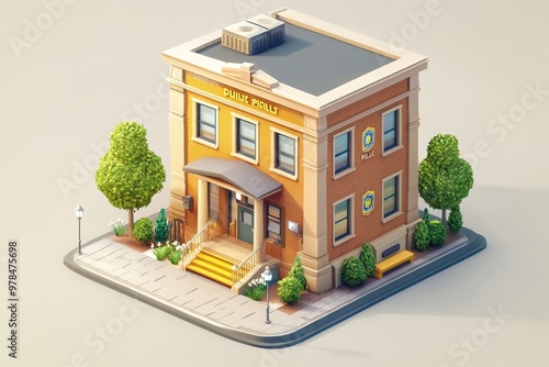 A detailed illustration of a police station with trees and street elements. photo