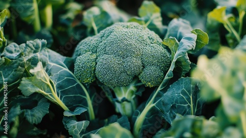 Close-up of broccoli florets in a lush garden, their dense texture a hallmark of the Brassica oleracea family, which also includes cabbage and cauliflower photo