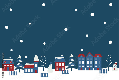 寒中見舞いはがき、かわいい、イラスト、街並み、冬、雪、横、夜