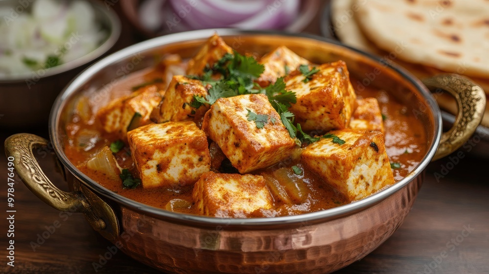 Close-up of Kadai Paneer served in a traditional copper pot with chapati on the side. Garnished with fresh coriander and paired with sliced onions. Close-up of Kadai Paneer served in a traditional copper pot with chapati on the side. Garnished with fresh coriander and paired with sliced onions.