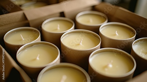 Close-up of handmade soy wax candles in eco-friendly packaging, highlighting the natural ingredients and sustainable production process. photo