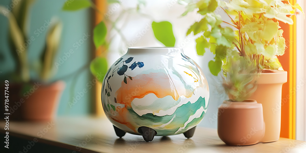 A ceramic vase with a colorful, abstract design sits on a windowsill, with potted plants in the background. A ceramic vase with a colorful, abstract design sits on a windowsill, with potted plants in the background.