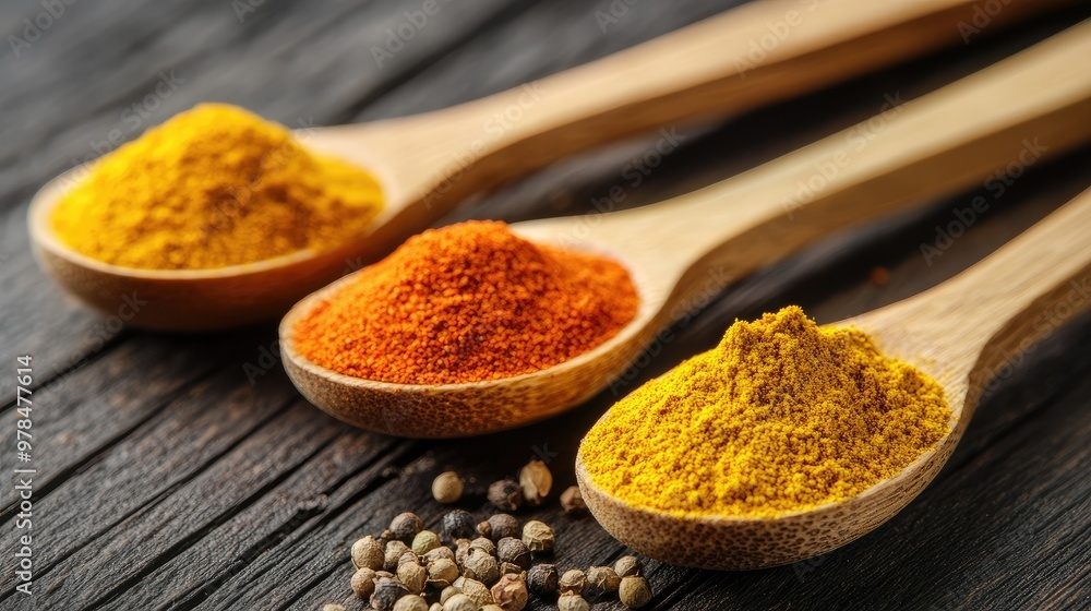 Close-up of wooden spoons filled with vibrant powder spices like turmeric, chili, and cumin, set against a dark wooden background. Close-up of wooden spoons filled with vibrant powder spices like turmeric, chili, and cumin, set against a dark wooden background.