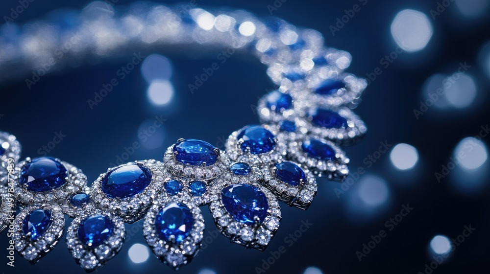 Close-up shot of a diamond necklace with striking blue gemstones, softly lit with selective focus to emphasize its luxurious design and craftsmanship Close-up shot of a diamond necklace with striking blue gemstones, softly lit with selective focus to emphasize its luxurious design and craftsmanship