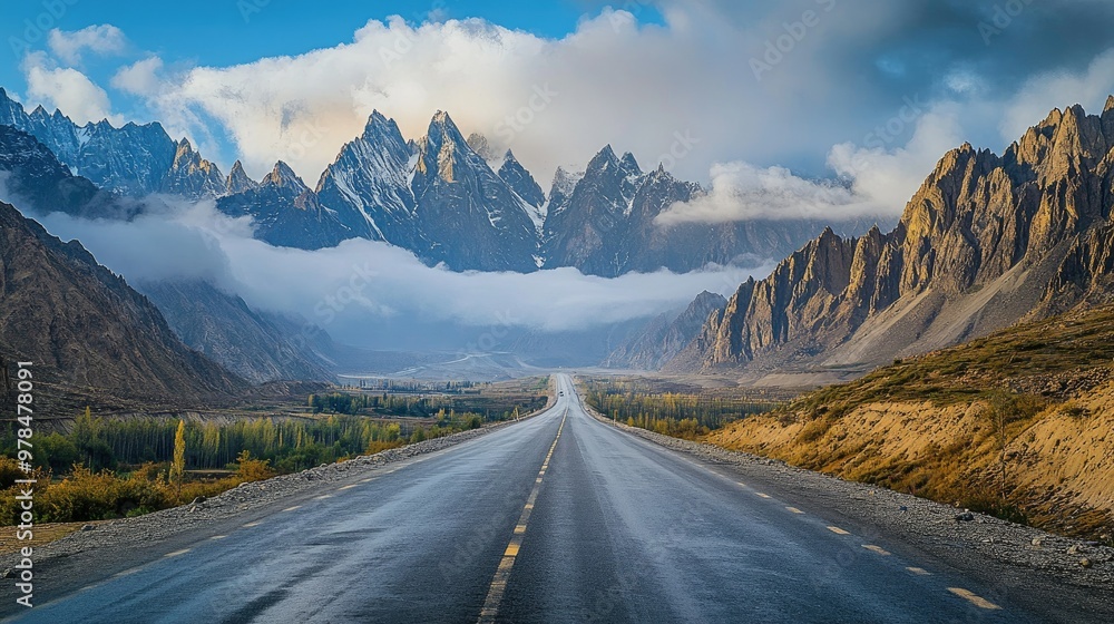 Naklejka premium Cloud-covered Passu Cones stand tall as the Karakoram Highway winds through the peaceful Hunza Valley, with the road stretching into the distance.