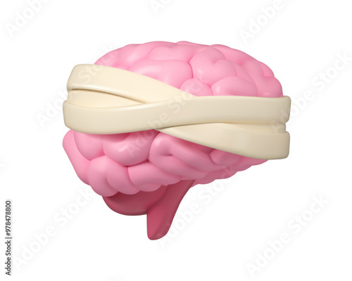 Brain with bandage vector 3d icon. Cartoon illustration of mental disorder isolated on white background. Mind therapy or neurosurgery concept