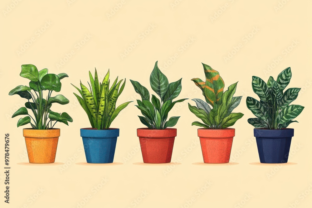 Illustration of Five Potted Plants with Colorful Pots Illustration of Five Potted Plants with Colorful Pots