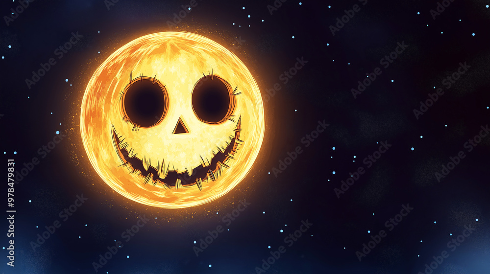 A vibrant illustration of a Halloween moon with a playful jack-o'-lantern face, glowing against a backdrop of twinkling stars in the night sky, copy space A vibrant illustration of a Halloween moon with a playful jack-o'-lantern face, glowing against a backdrop of twinkling stars in the night sky, copy space