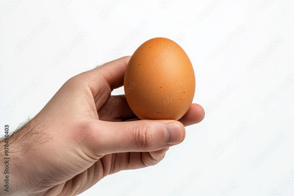 someone holding a small egg in their hand against a white background. someone holding a small egg in their hand against a white background.
