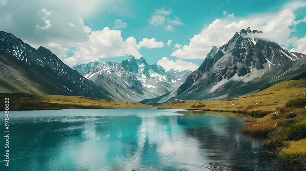 A serene mountain lake with snow-capped peaks reflecting in the clear water. A serene mountain lake with snow-capped peaks reflecting in the clear water.