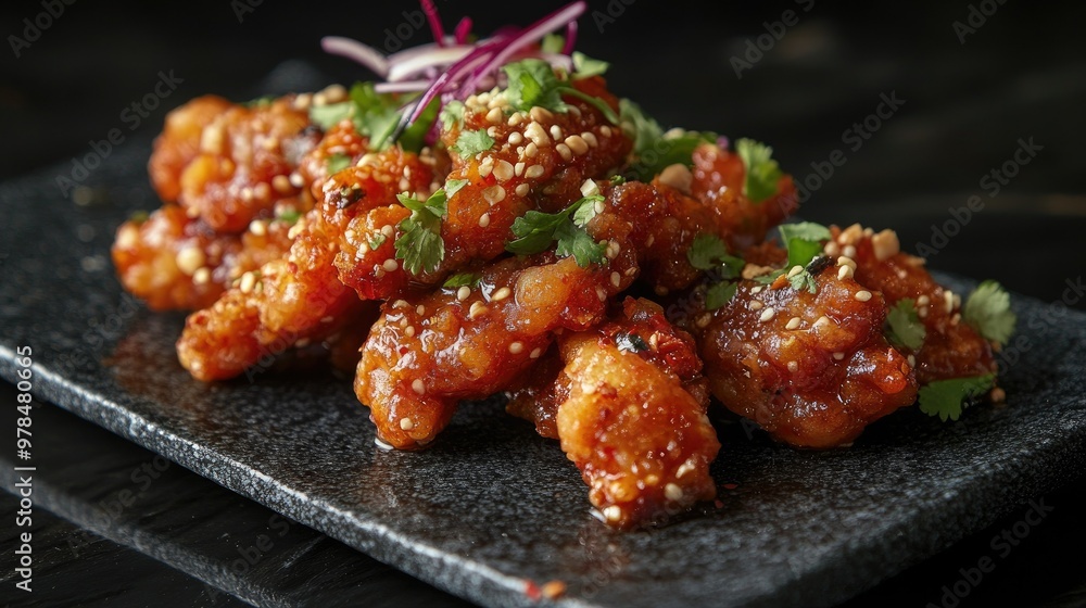 Crispy Pla Tubtim Tod Sam Rod with sweet, sour, and spicy sauce, served on a modern black marble surface, showcasing the flavors of northeastern Thai cuisine.