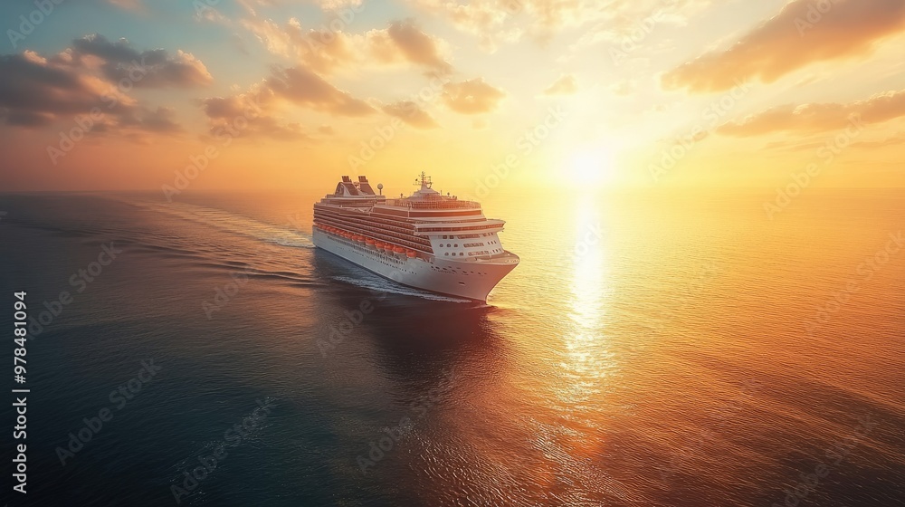 Fototapeta premium Cruise ship sailing across the open ocean with the sunrise casting a warm glow, waves gently rippling below