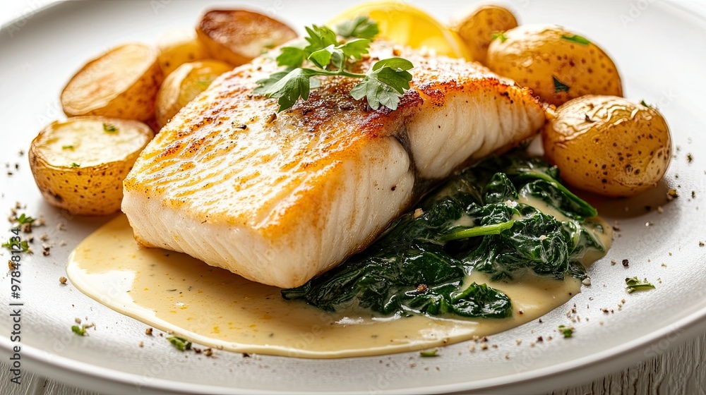 Delicate sea bass fillet with a rich lemon cream sauce, served alongside roasted baby potatoes and wilted spinach, elegantly plated for a fine dining meal. Delicate sea bass fillet with a rich lemon cream sauce, served alongside roasted baby potatoes and wilted spinach, elegantly plated for a fine dining meal.