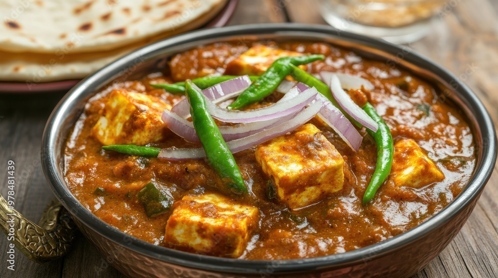 Delicious Kadai Paneer in a rich gravy, served with a side of soft chapati and garnished with sliced onions and green chilies. Delicious Kadai Paneer in a rich gravy, served with a side of soft chapati and garnished with sliced onions and green chilies.
