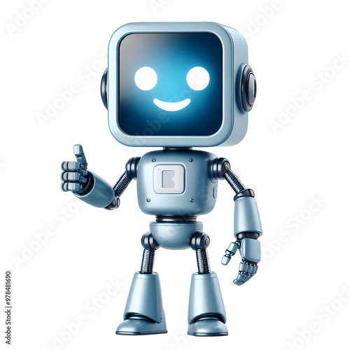 cute friendly robot isolated on transparent background 3d character showing thumbs up, gesture of approval