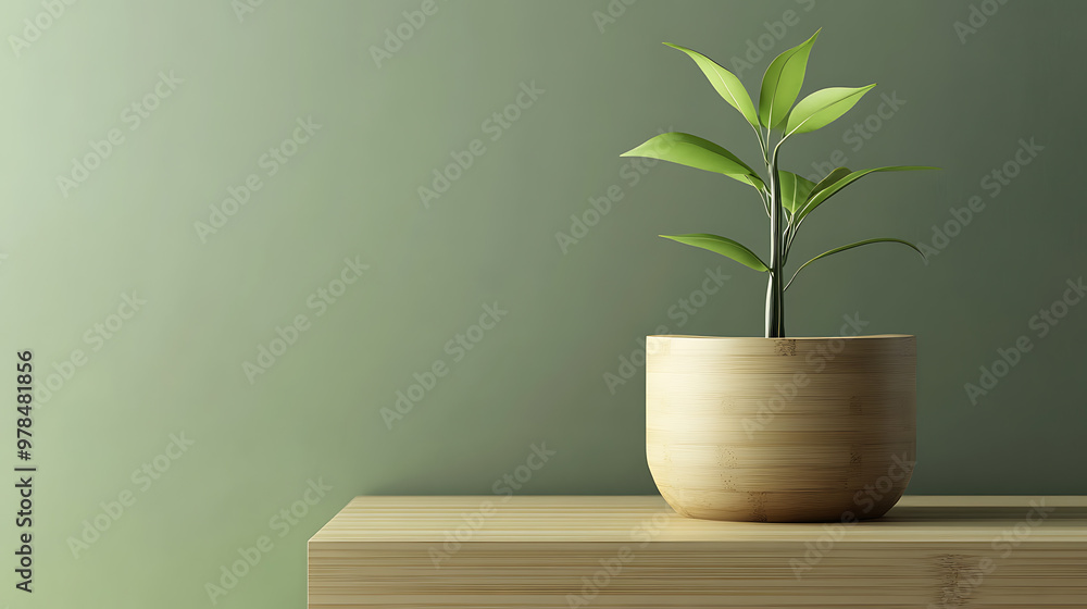 A small potted plant with green leaves sits on a wooden shelf against a green wall. The plant is in a natural-looking pot, adding a touch of nature to the minimalist setting. A small potted plant with green leaves sits on a wooden shelf against a green wall. The plant is in a natural-looking pot, adding a touch of nature to the minimalist setting.