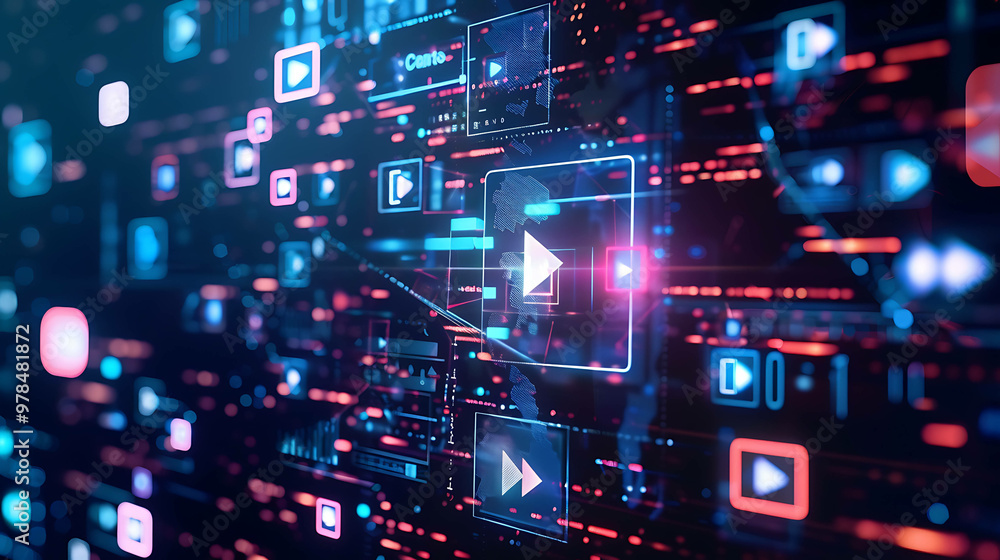 Abstract futuristic background with glowing blue and red play buttons and digital elements. Abstract futuristic background with glowing blue and red play buttons and digital elements.