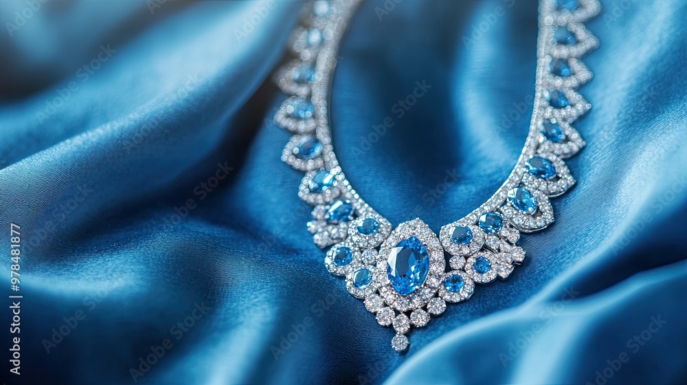 Obraz premium Diamond necklace with stunning blue stones, gracefully displayed on a soft velvet background, with selective focus on the central piece for a refined look