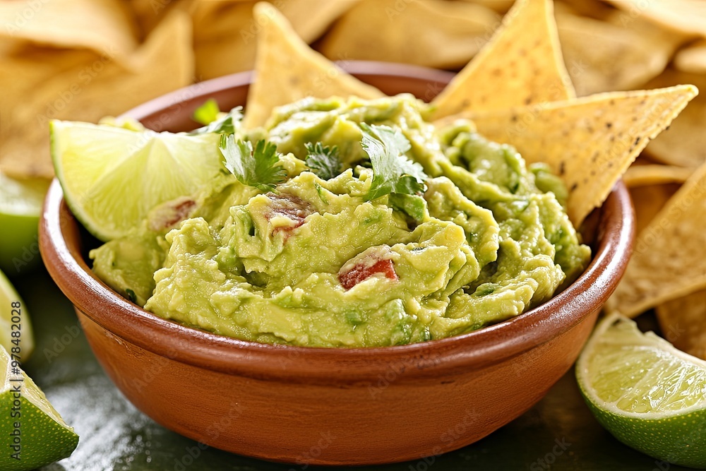 Creamy guacamole served in a clay bowl alongside crispy tortilla chips and fresh lime wedges during a festive gathering. Generative AI Creamy guacamole served in a clay bowl alongside crispy tortilla chips and fresh lime wedges during a festive gathering. Generative AI