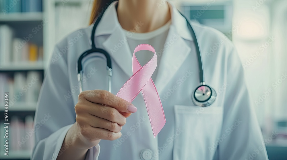 Doctor holding a pink ribbon in a hospital setting, symbolizing Breast Cancer Awareness during Pink October. Soft lighting and a caring expression. Doctor holding a pink ribbon in a hospital setting, symbolizing Breast Cancer Awareness during Pink October. Soft lighting and a caring expression.