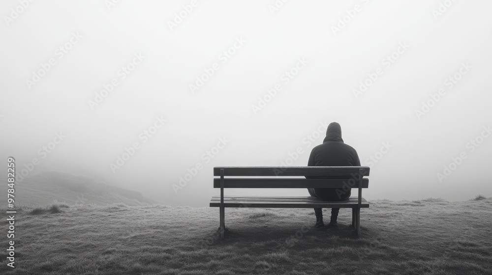Shrouded in mist, a solitary person finds themselves on a bench in a foggy field, with trees quietly standing in the distance. Shrouded in mist, a solitary person finds themselves on a bench in a foggy field, with trees quietly standing in the distance.