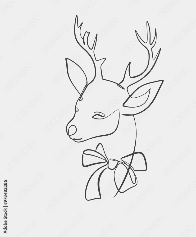 A simple one-line drawing of a Christmas deer with antlers, adorned with a decorative bow, showcasing a minimalist style.