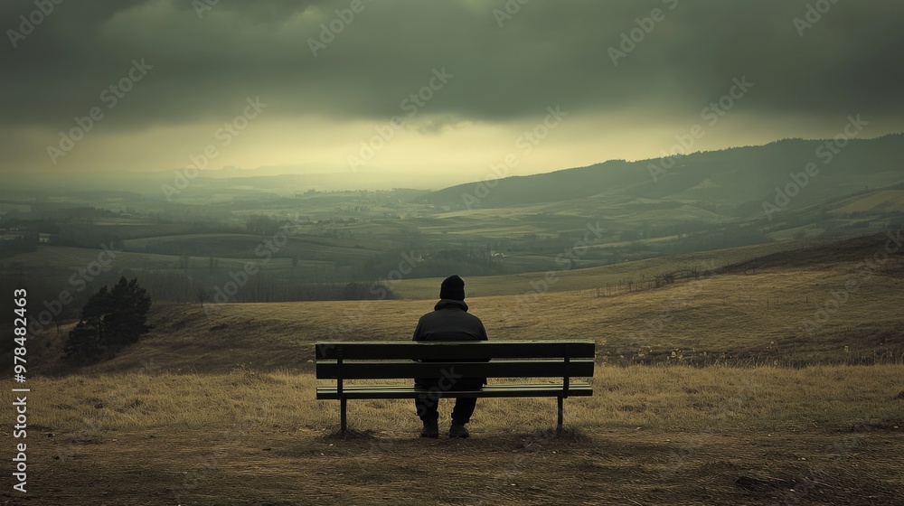 A solitary person a bench in a fog-covered field, surrounded by mist and trees. A solitary person a bench in a fog-covered field, surrounded by mist and trees.